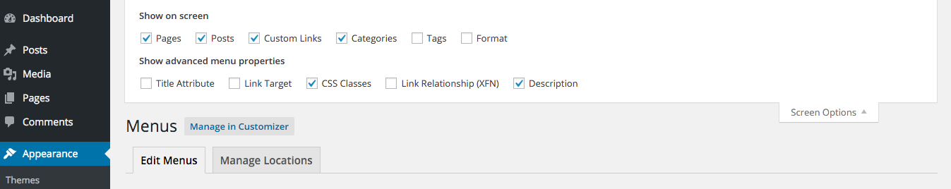 Turn on menu descriptions under screen options - WordPress