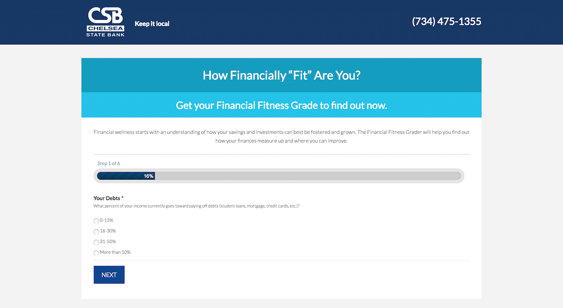 Chelsea State Bank Financial Fitness Grader Interactive Website Feature