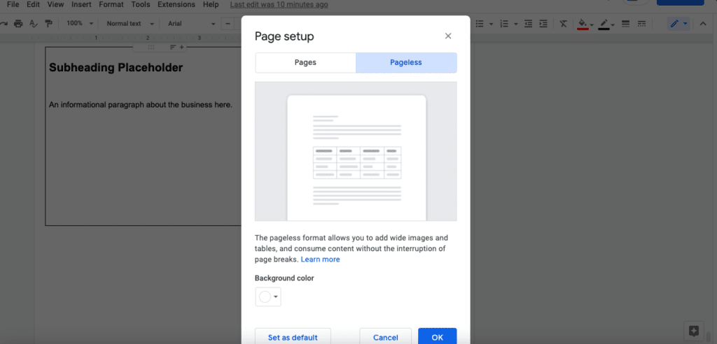 wireframe in google docs without page break