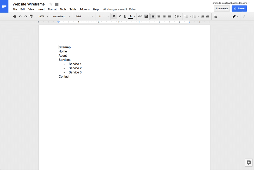 Website wireframe using Google Docs